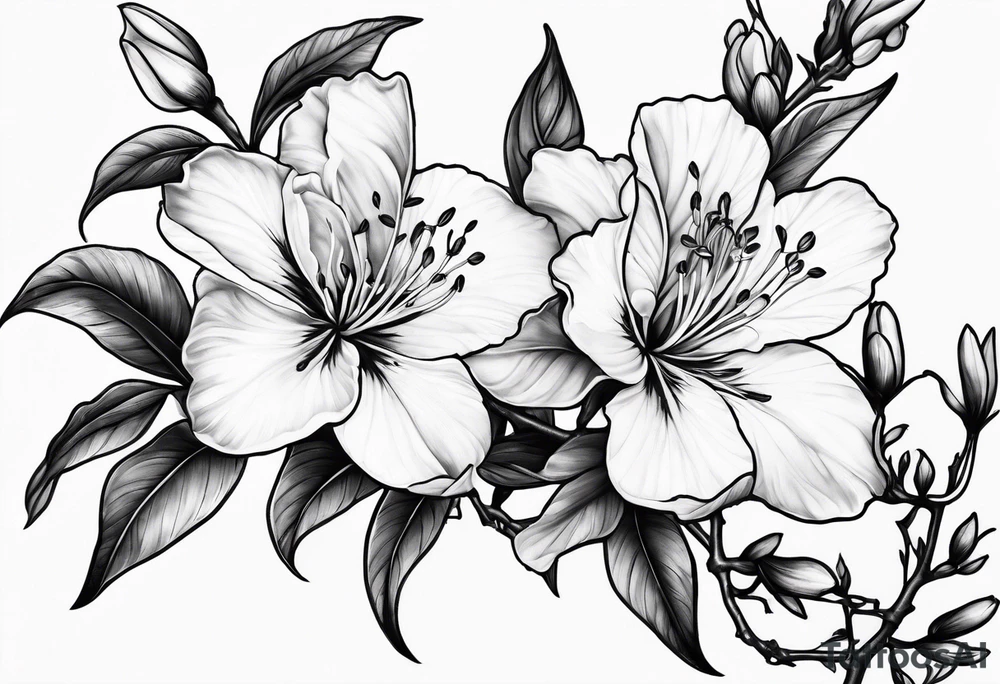 5-petal azaleas with buds along a long branch tattoo idea
