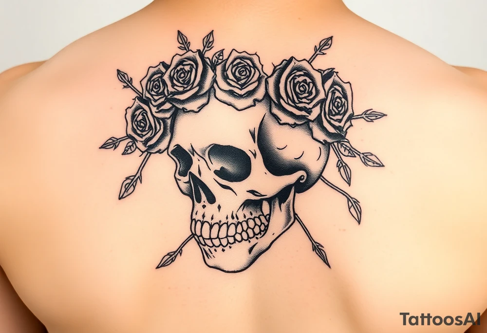 ornate skull adorned with crown of wild roses and thorns tattoo idea