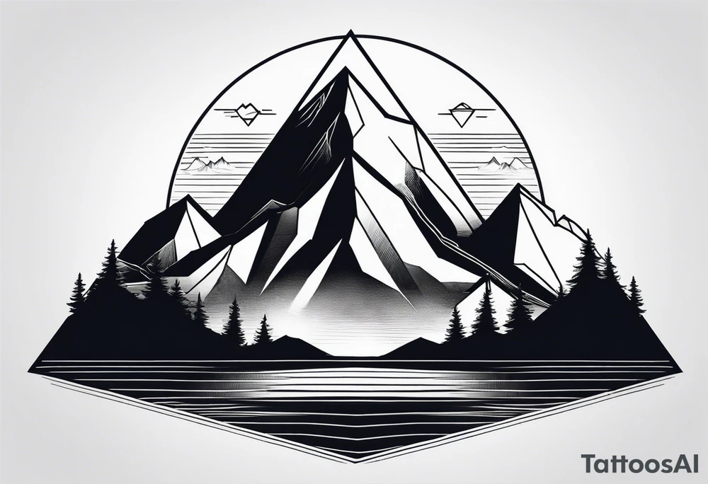 A minimalistic image of a mountain landscape enclosed in a triangle. Clear lines, two layers for depth. tattoo idea