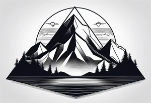 A minimalistic image of a mountain landscape enclosed in a triangle. Clear lines, two layers for depth. tattoo idea