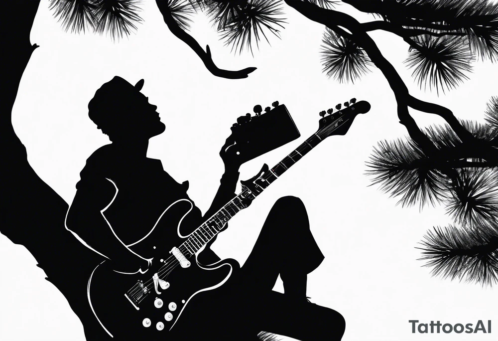 silhouette of a man sitting on a pine tree branch, playing electric guitar tattoo idea