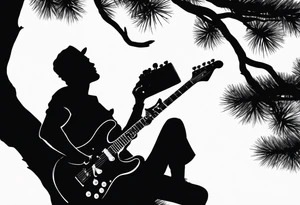 silhouette of a man sitting on a pine tree branch, playing electric guitar tattoo idea