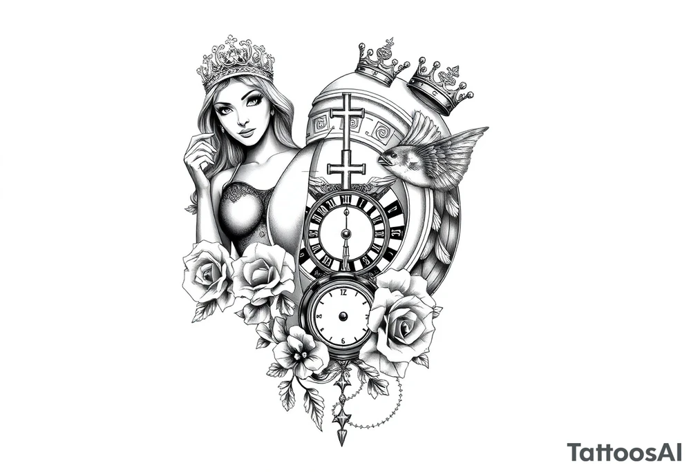 Roulette casino and princess and jesus on cross, baby angels, roses and clock and stars and fish, crown tattoo idea