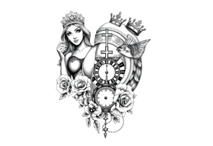 Roulette casino and princess and jesus on cross, baby angels, roses and clock and stars and fish, crown tattoo idea