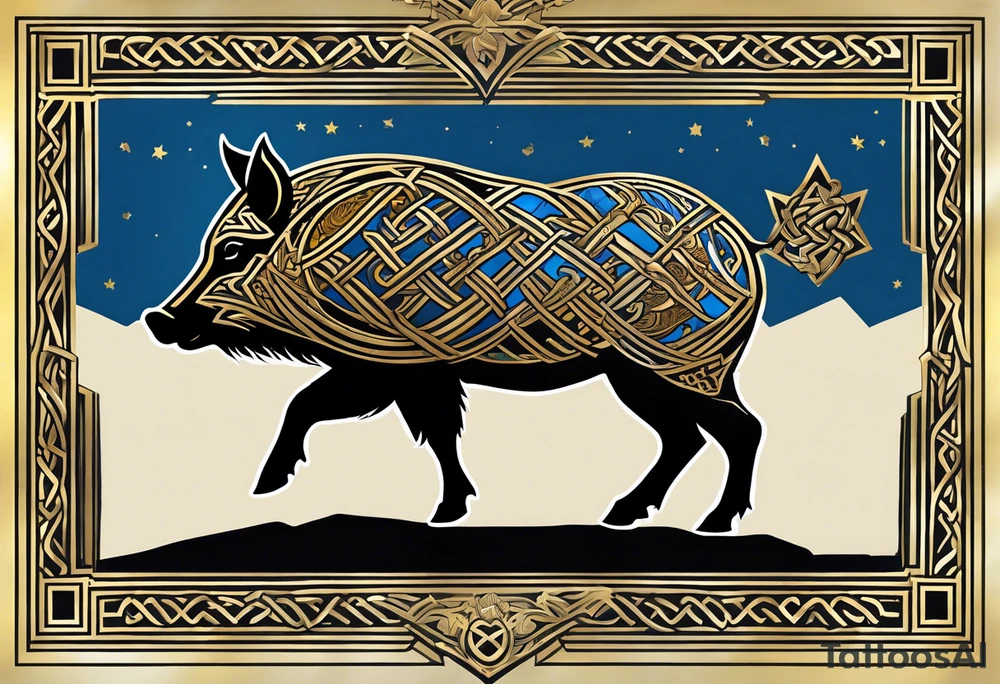 Side profile, Celtic, tribal, wild boar, On a Chatwin family crest with blue background, two gold stars, and a gold Chevron, and a Thistle tattoo idea