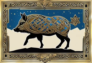 Side profile, Celtic, tribal, wild boar, On a Chatwin family crest with blue background, two gold stars, and a gold Chevron, and a Thistle tattoo idea