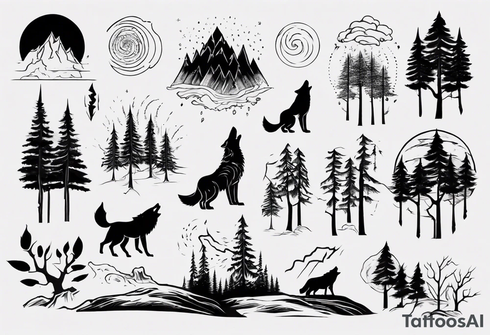 a thunderstorm over a forest and a wolf howling tattoo idea a thunderstorm over a forest and a wolf howling tattoo idea