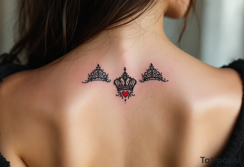 Ornate filigree-style black crowns with small deep red heart designs beneath each. tattoo idea