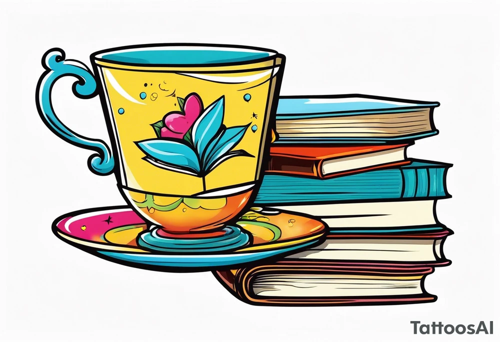 Stack of 3 books with a tea cup and saucer on top tattoo idea