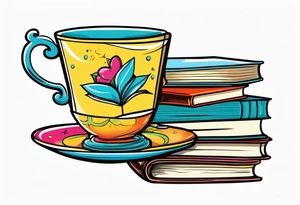 Stack of 3 books with a tea cup and saucer on top tattoo idea