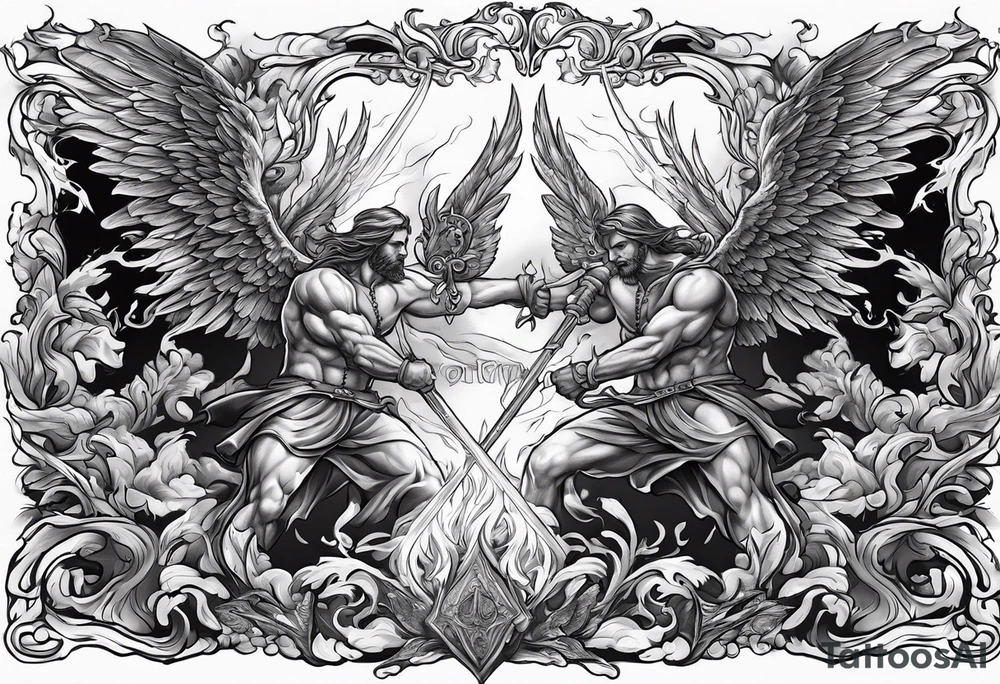 Angels fighting demons over fire with skuls in the background tattoo idea