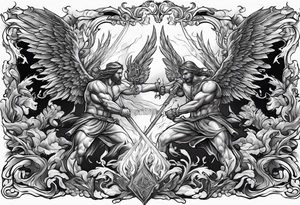 Angels fighting demons over fire with skuls in the background tattoo idea