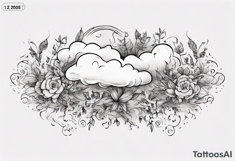 a forearm tattoo with a cloud with little plants and underneath it the date 12.08.05 tattoo idea