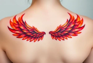 A pair of wings made from fire flames, transitioning from deep red at the base to golden yellow at the tips, symbolizing strength and courage. tattoo idea