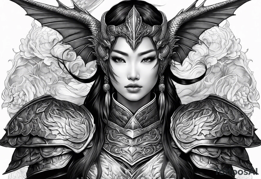 beautiful warrior woman wearing dragon armor and a dragon flying tattoo idea