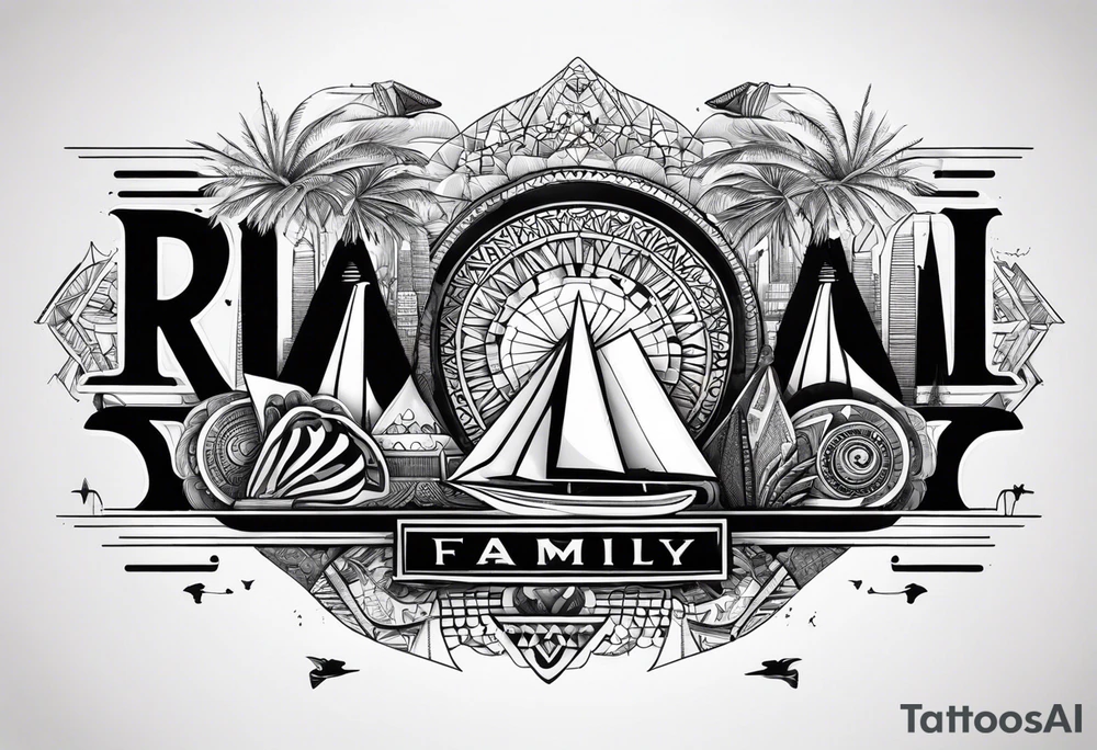 a mix of egypt and dubai, skateboarding, scuba diving, the word family and present arm sleeve. tattoo idea