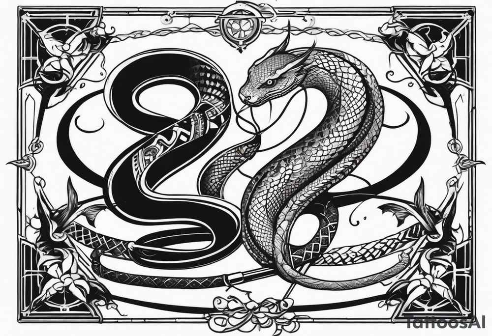 Aggresive Snakes eating each other with a sword, this design must be in a vertical vertical proportion. Additionaly the desing must be "Steampunk" type tattoo idea