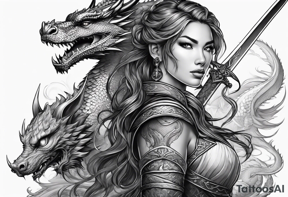 warrior princess with swords and a dragon partner tattoo idea