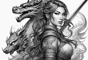 warrior princess with swords and a dragon partner tattoo idea