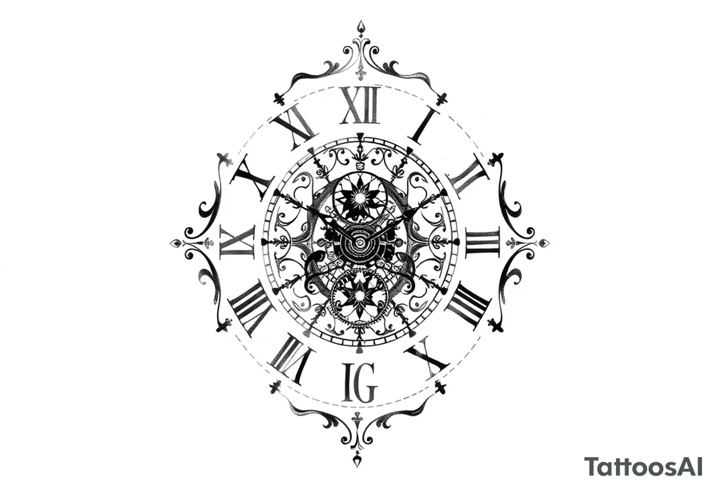 vintage roman numerals within ornate clockwork mechanism tattoo idea