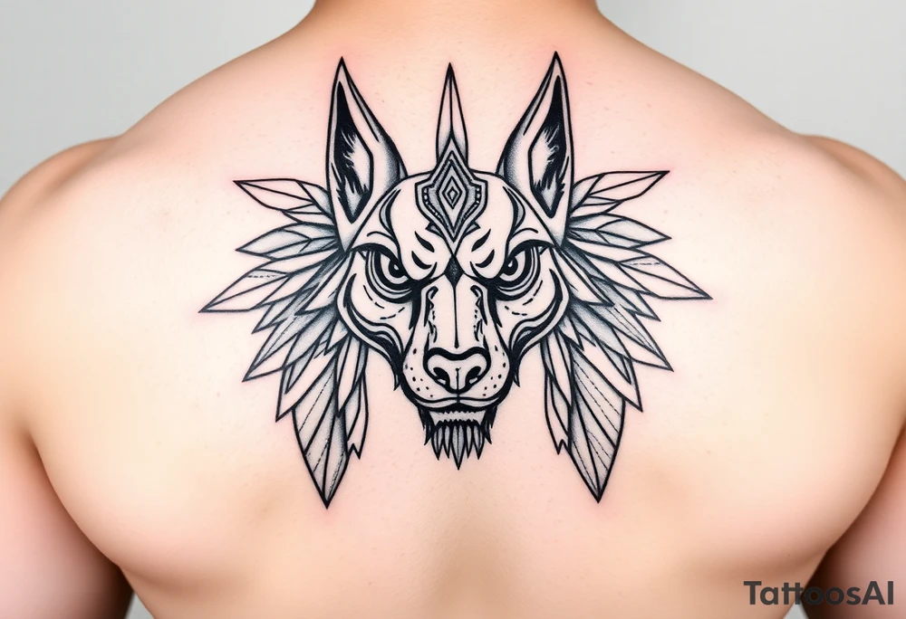 muscle Egyptian Anubis god face in Egypt style dog face tattoo idea