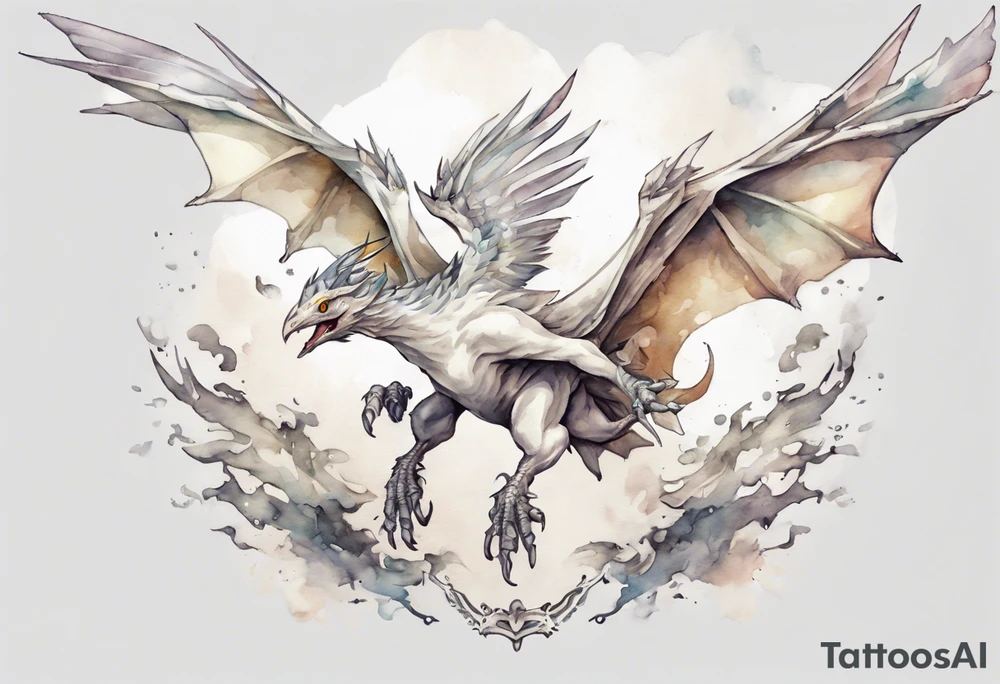 a white bird-wyvern hybrid, wearing a pewter crown on its head, flying in the air tattoo idea