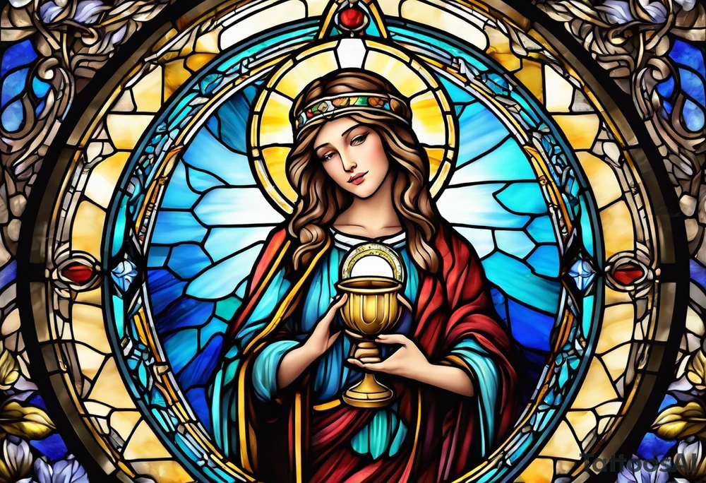 holy saint woman with halo stained glass holding a chalice tattoo idea