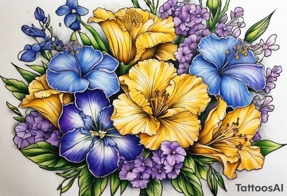 Bouquet tattoo tied with a ribbon With the following flowers on forearm. 
Carnations
Lilly’s 
Larkspur 
Morning glory 
Iris 
Yellow cedar
Yellow elder 
Forget me not 
Purple violets 
Lingum vitae 
Dogwood flower tattoo idea