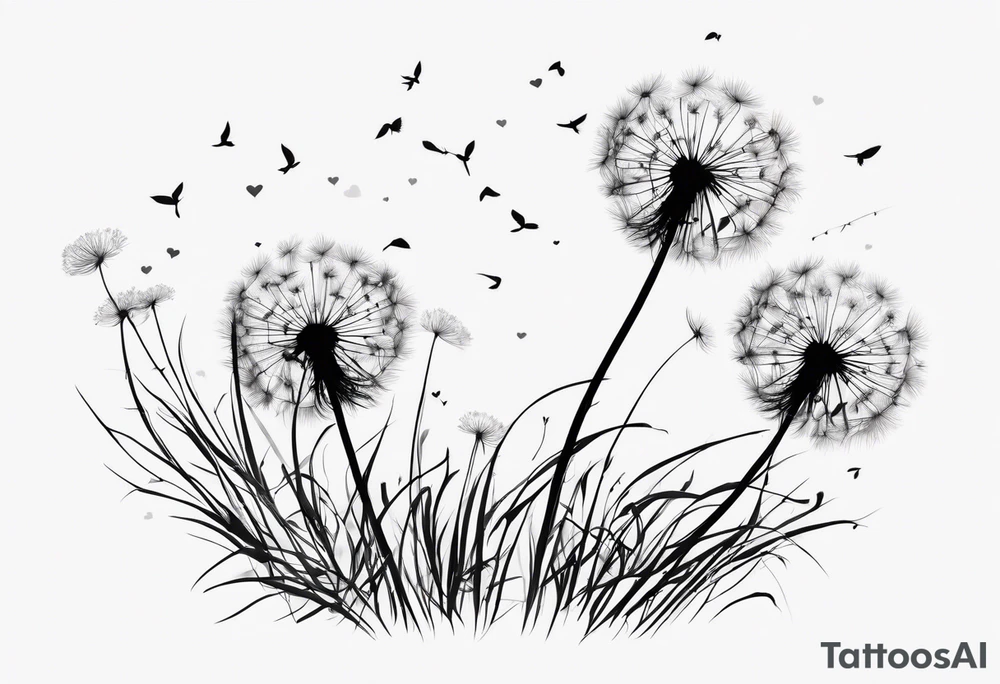 Dandelion with its ligules blowing away, a few legs are tiny hearts, the girls turn into a little bird, flying away to its future tattoo idea