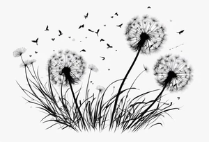 Dandelion with its ligules blowing away, a few legs are tiny hearts, the girls turn into a little bird, flying away to its future tattoo idea