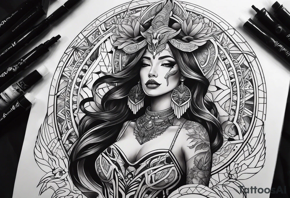 kali ma, alien goddess, valkrye, aries, pirate, divine feminine, zenza resonance, pachamama, lotus azul, blank panther, eagle, skull, 5D, nueva gaya, dna 12, left side chest tatoo tattoo idea