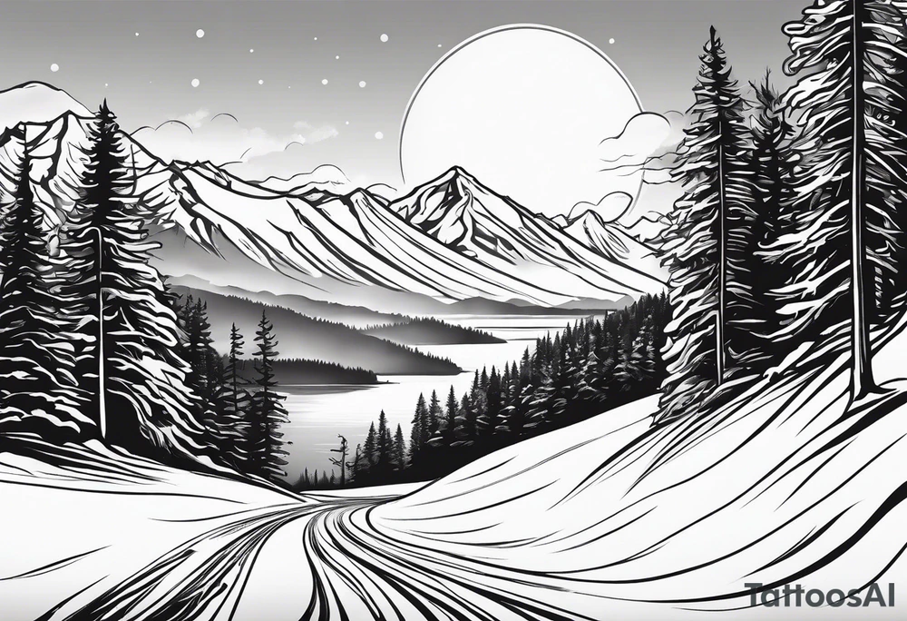 snow skier coming down mountain in distance with large trees and big bright sun with lake at the bottom tattoo idea