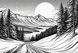 snow skier coming down mountain in distance with large trees and big bright sun with lake at the bottom tattoo idea