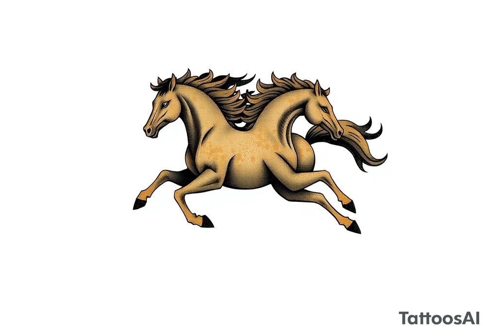 The tattoo represents a supernatural encounter with a golden horse with jet-black fur in the mountains of Choquequirao (Cusco, Peru). This mysterious, fleeting horse symbolizes strength, energy, and spiritual rebirth. It appeared at full speed, its hooves shaking the ground, its breath so powerful it drowned out all other sounds. The narrator felt no fear, only awe as the horse took a perfect curve, muscles tense, radiating power and grace. Its presence transformed the narrator, giving them the energy to complete an exhausting trek and leaving them with a profound connection to something greater. The tattoo aims to capture the essence of this moment: strength, speed, beauty, and the spirit of the mountain. For the design, consider drawing inspiration from Japanese tattoo art, known for its dynamic representation of animals like koi fish and dragons, emphasizing fluidity, movement, and symbolic power. tattoo idea