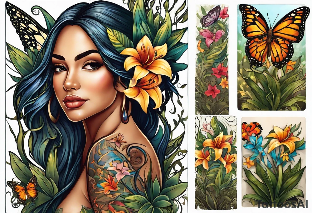 Portrait full length of Hispanic wood nymph made or bark and branches standing upright.  Butterflies in background. Lillies near her feet with colorful vegetation. tattoo idea