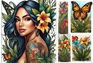 Portrait full length of Hispanic wood nymph made or bark and branches standing upright.  Butterflies in background. Lillies near her feet with colorful vegetation. tattoo idea