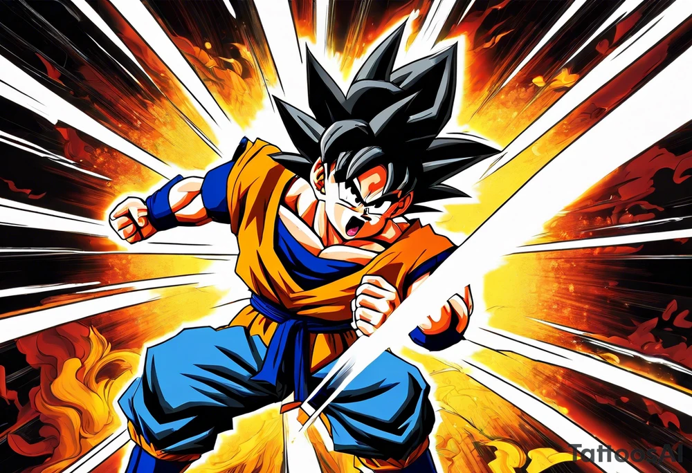 paint son goku as a super saiyajin 2, doing a kamehameha. sourround him by his friends and his family. all of them are displayed as a papercut tattoo idea