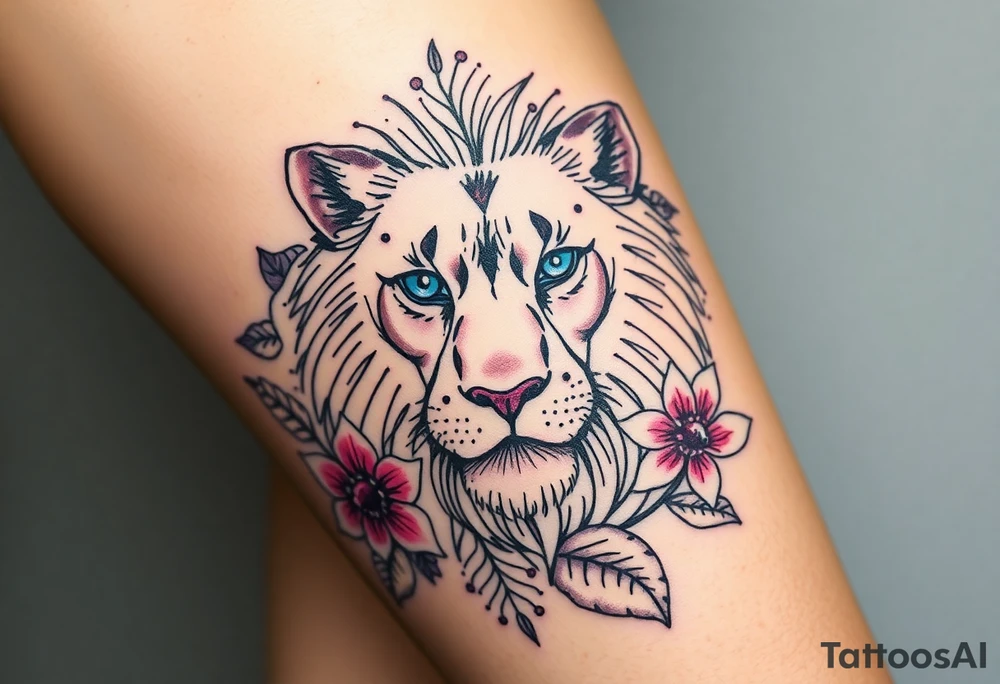 Lion with blue eyes surrounded by larkspur and water lily tattoo idea