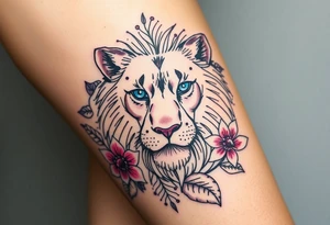 Lion with blue eyes surrounded by larkspur and water lily tattoo idea