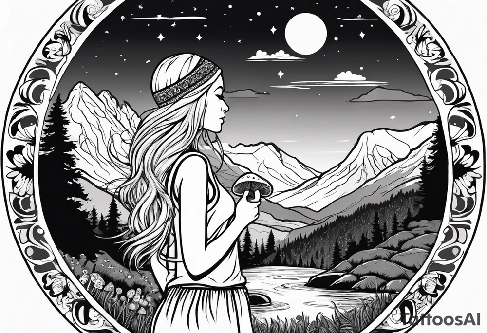 Whole picture encircled fully

Straight long blonde hair hippie girl in distance holding mushrooms in hand facing away toward mountains and creek surrounded by mushrooms tee shirt and hiking pants; whole rendering within a full circle, no cut off circle tattoo idea
