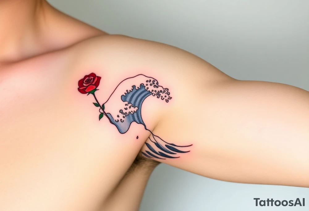 The Great Wave off Kanagawa incorporate a red rose with a stem on the side of the wave tattoo idea