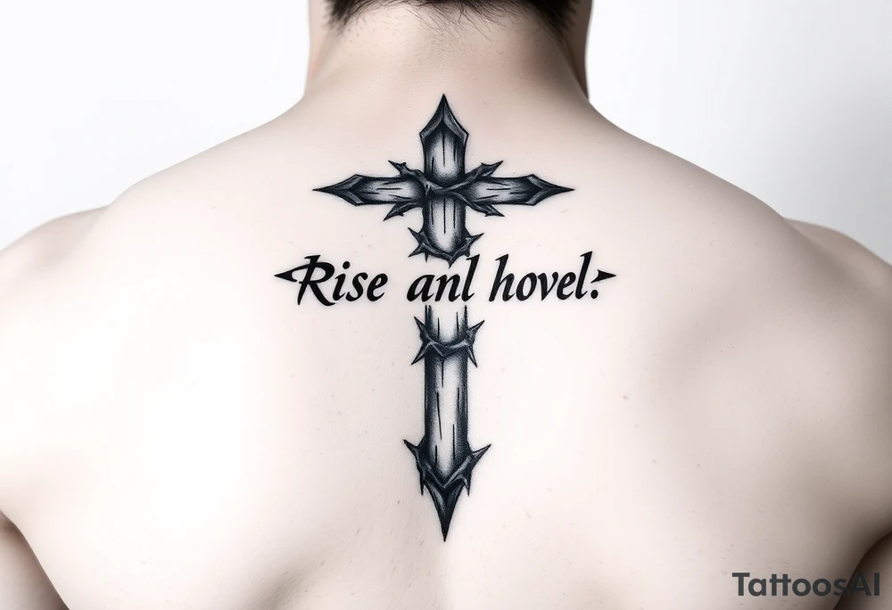 cross tattoo with thorns saying rise above all tattoo idea