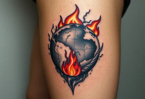 toxic globe on fire tattoo idea
