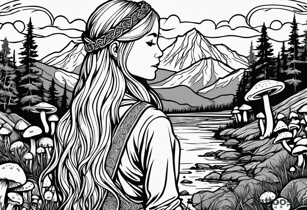 Whole picture encircled fully

Straight long blonde hair hippie girl in distance holding mushrooms in hand facing away toward mountains and creek surrounded by mushrooms long sleeve shirt and hiking pants; whole rendering within a full celtic circle border, no cut off circle tattoo idea