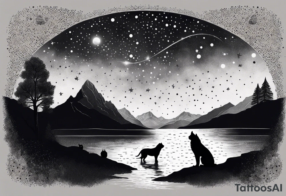 a night sky with leo and cancer constellation, mountains, a father and son with his dog and cat sitting by the water tattoo idea