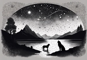 a night sky with leo and cancer constellation, mountains, a father and son with his dog and cat sitting by the water tattoo idea