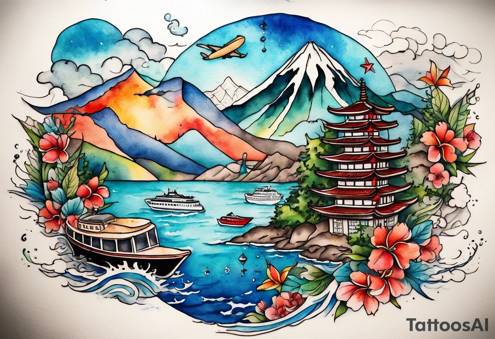 Travel themed for thigh, compass rose overlaid with beach, mountains, city scapes and European landmarks in and around it, spilled watercolor and tiny jet plane silhouette and a tiny motor boat in the water tattoo idea