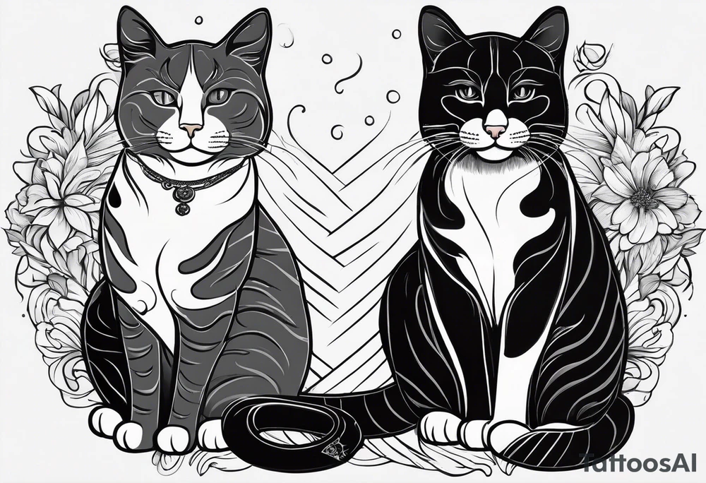 2 Coffee drinking Cats. One is black with white paws and a white tail tip. The other one is black and gray, classic tiger pattern. It should Look really french. tattoo idea