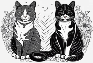 2 Coffee drinking Cats. One is black with white paws and a white tail tip. The other one is black and gray, classic tiger pattern. It should Look really french. tattoo idea