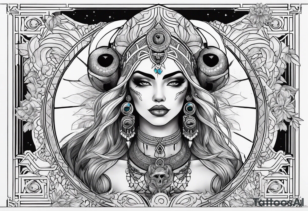 kali ma, alien goddess, valkrye, aries, pirate, divine feminine, zenza resonance, pachamama, lotus azul, blank panther, eagle, skull, 5D, nueva gaya, dna 12, left side chest tatoo tattoo idea